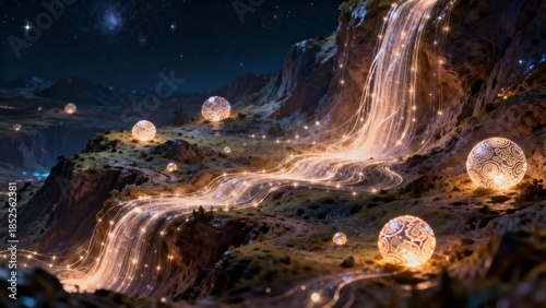 Fantasy landscape with glowing spheres and light trails