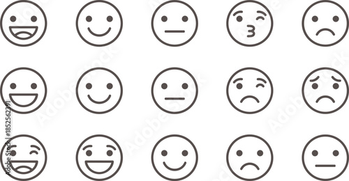 Set of outline emoji faces showing happy neutral sad and playful expressions icons for user interface feedback design