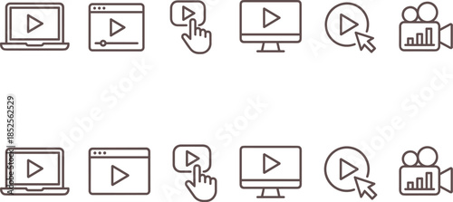 Video, media, playback, interface, icons, digital, streaming, web, cursor, play, button, analytics, monitor, laptop, browser, camera, online, content, technology, UI