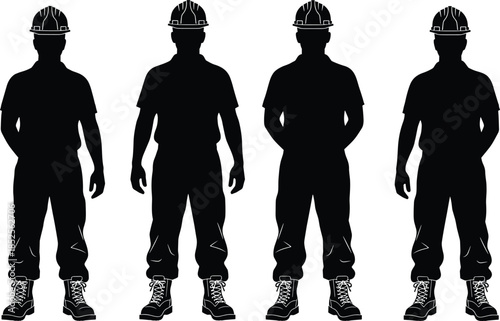 Construction worker silhouette vector set, black labor icons, helmeted figures, workwear posture, safety design, isolated industrial artwork