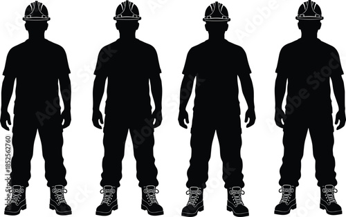 Construction worker silhouettes, hard hats, safety gear, industrial workforce, labor uniform, building industry, protective equipment, job site, engineering, manpower.eps