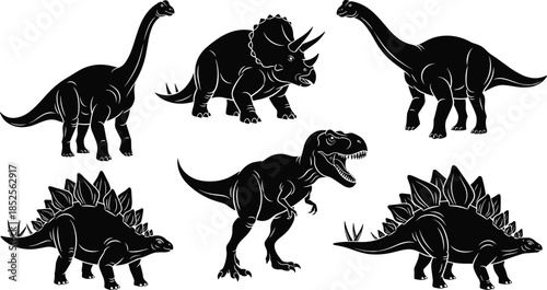 Dinosaur silhouettes, prehistoric animals, brachiosaurus, triceratops, tyrannosaurus rex, stegosaurus, extinct species, Jurassic creatures, fossil shapes, educational illustration, kids learning