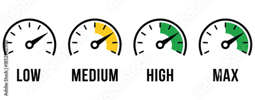 Analog dashboard gauge icon set illustrating speed and level ranking from low to maximum, featuring vibrant infographic dials for energy monitoring, power comparison