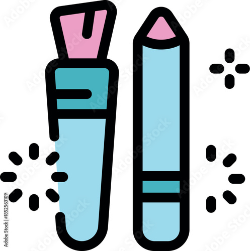 Makeup brush and pencil are depicted in a minimalist, sparkling style, representing beauty and cosmetics