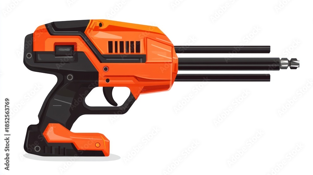 Naklejka premium Orange and black futuristic weapon design with multiple barrels on white background