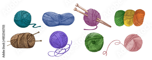 Hand drawn vintage sketch of colorful yarn balls with threads and knitting needles, isolated vector set on white