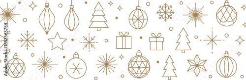 Variety of christmas ornaments and decorations in a collection of line drawings with gold accents on white background