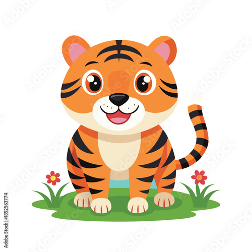 Little tiger cub sitting on green grass with small red flowers for nursery wall art children playroom decoration and adorable animal character design collections