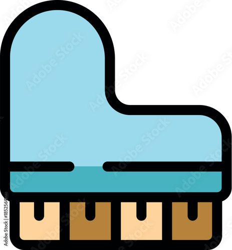 Grand piano keyboard and sounding board in light blue and brown colors, viewed from the front, representing music, harmony, and classical instruments