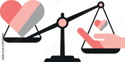 Hand holding small heart on scale with larger heart symbolizing love versus value and importance comparison