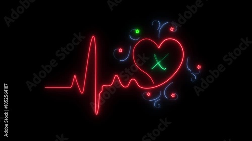 Glowing blue neon Heartbeat line icon with alphabet X. heartbeat rate and pulse, Neon Love heart animation on black background.