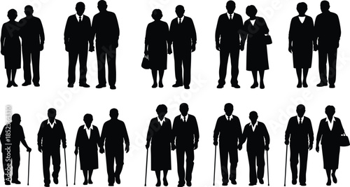 Elderly couple silhouettes, aging companionship, walking together, holding hands, cane support, senior love, lifelong bond, family care, retirement illustration