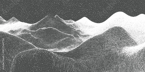 Abstract dotted landscape with rolling hills and starry sky background black white dots