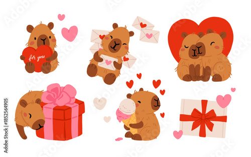 Cute Valentines Day capybara clipart set with heart balloons, romantic letters, capybara in gift box, kawaii animals with hearts, love messages and presents, characters for cards, stickers and print