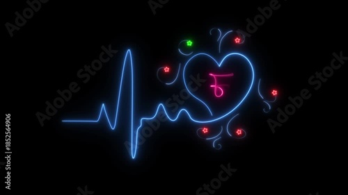 Glowing blue neon Heartbeat line icon with alphabet F. heartbeat rate and pulse, Neon Love heart animation on black background.