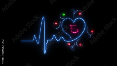 Glowing blue neon Heartbeat line icon with alphabet E. heartbeat rate and pulse, Neon Love heart animation on black background.
