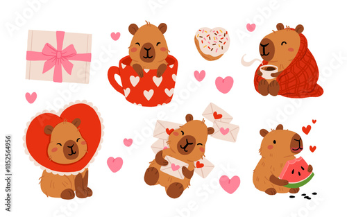 Cute Valentines Day capybara clipart set with heart balloons, romantic letters, capybara in gift box, kawaii animals with hearts, love messages and presents, characters for cards, stickers and print