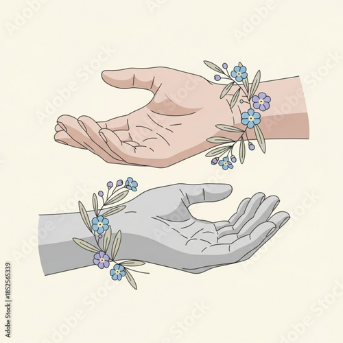 Two open hands one colored and one grayscale adorned with delicate forget-me-not flowers symbolizing connection and memory isolated on a sof