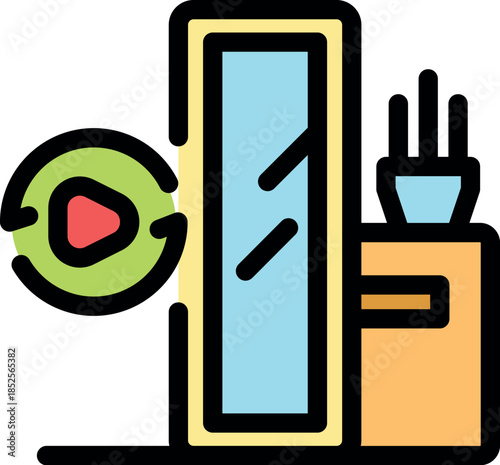 Augmented reality app placing furniture like mirror and nightstand, with play button for video tutorial