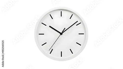 White clock with black hands and hour markers isolated on a transparent background round clock
