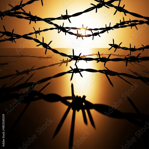 Barbed wire fence silhouetted against a golden sunset symbolizing restriction and isolation with reflections on water
