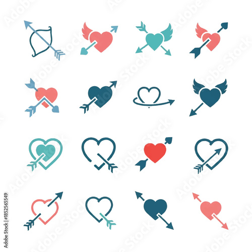 Collection of heart shapes pierced by arrows representing love and romance for Valentine's Day celebrations, symbolizing affection and connection.