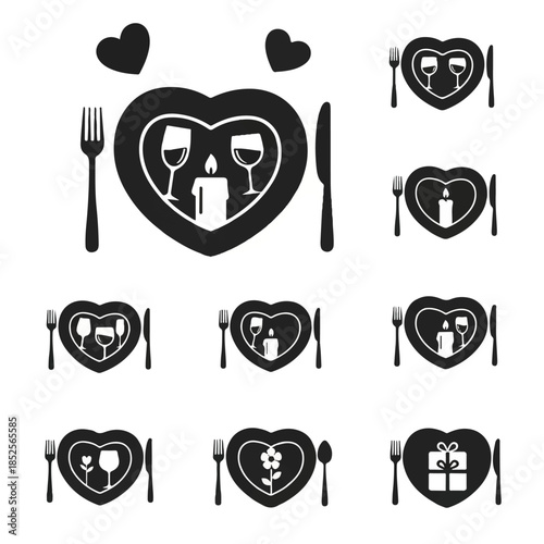 Romantic dinner arrangements are displayed in heartshaped plates with silverware and various symbols representing love and celebration, creating a festive atmosphere.
