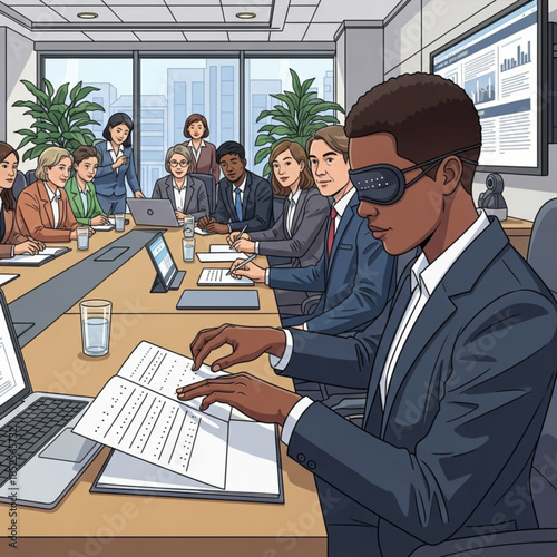 Diverse business team in a modern boardroom with a visually impaired man using braille illustrating inclusion and accessibility in corporate