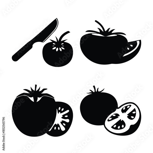 Tomato and knife vector silhouettes: whole, half, sliced icons.