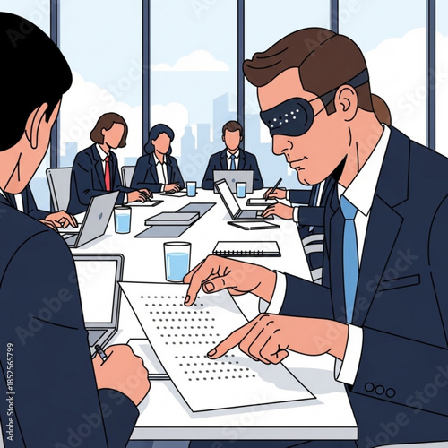 Blindfolded businessman reading braille document in a boardroom meeting concept of accessibility and inclusion in business