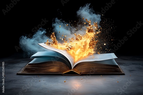 Imagination Unleashed: An Open Book Erupts with Flames and Smoke in a Dark Background