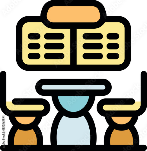 Passengers waiting for their flight are sitting in the airport food court looking at the departure board