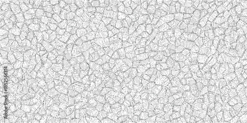 Black and white abstract pattern of irregular geometric shapes with hatching texture background