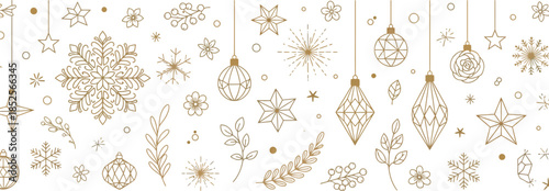 Vintage style christmas ornaments and decorations hanging on strings