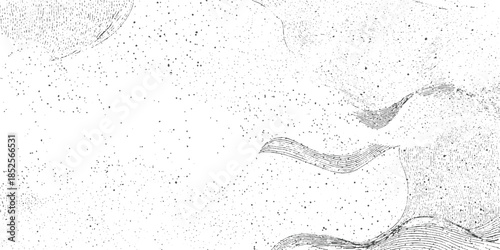 Black and white abstract textured background with scattered dots and wavy lines