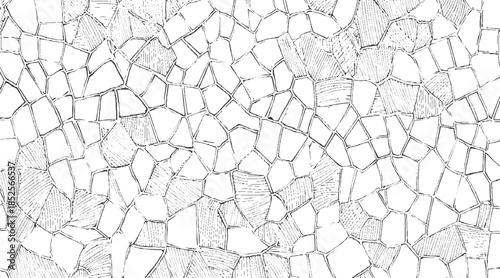 Black and white irregular polygon pattern with hatching texture abstract background