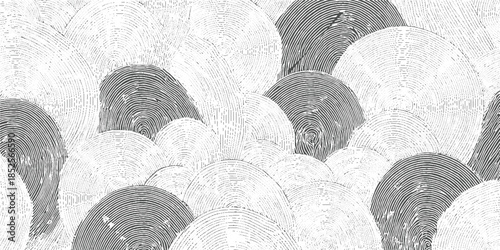 Black and white abstract pattern of overlapping circular shapes with wood grain texture