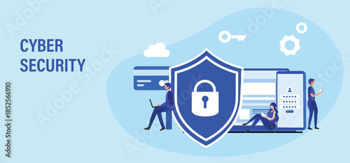 Cyber security and data protection privacy, PDPA concept. Businessman secure data management and protect data from hacker attacks and padlock icon to internet technology networking vector illustration
