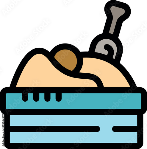 Sandbox filled with sand, a small ball, and a scoop, ready for kids to enjoy creative playtime