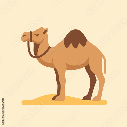 Illustration of a camel standing on sand in the desert.