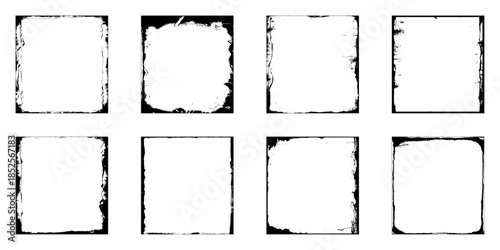 Grunge frames set templates. Ink paint border with rough edges for poster and banner. Retro textured overlays. Rectangular old black abstract flyer backgrounds. Vector design illustration.