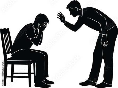 Angry father scolding sad child silhouette illustration representing domestic conflict emotional abuse fear punishment parenting stress family discipline concept