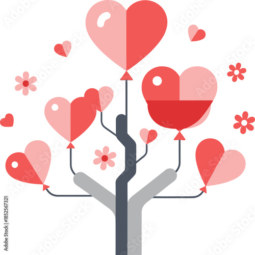 Heart shaped balloons on tree with flowers on white background for valentine s day or love theme