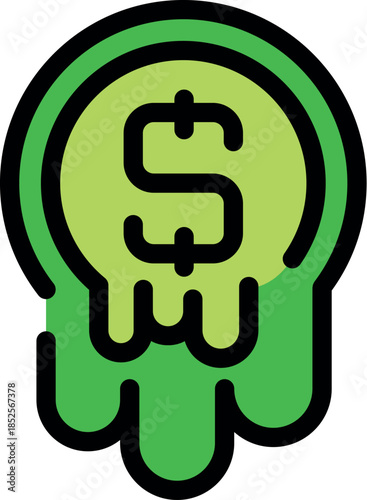 Green dollar coin melting, symbolizing financial instability, economic downturn, or loss of investment