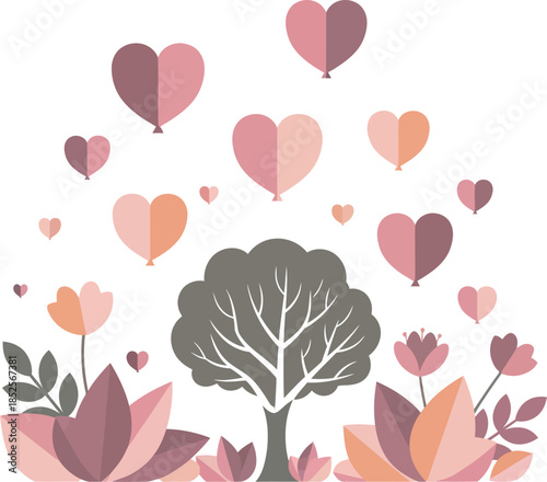 Whimsical illustration of heart shaped balloons floating over blooming flowers and trees in pastel hues