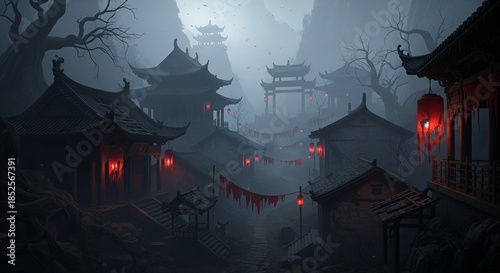 Chinese Night City Background with Lanterns