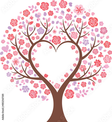 Tree with heart shaped leaves in pink and red on white background