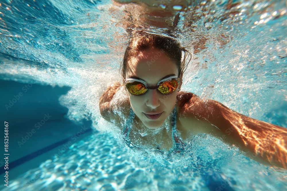 Naklejka premium Young female swimmer practicing underwater in a pool, showcasing form and technique during a training session in clear blue water