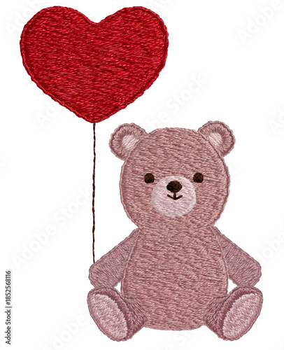 手刺繍のハートの風船とテディベア