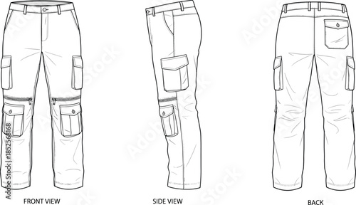 Technical fashion flat illustration of cargo pants with utility pockets knee panels front side back views